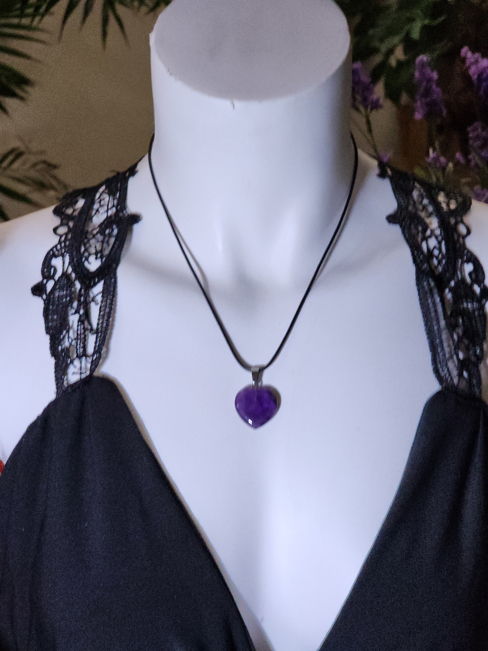 Amethyst Purple Heart Pendant Necklace on Black Cord